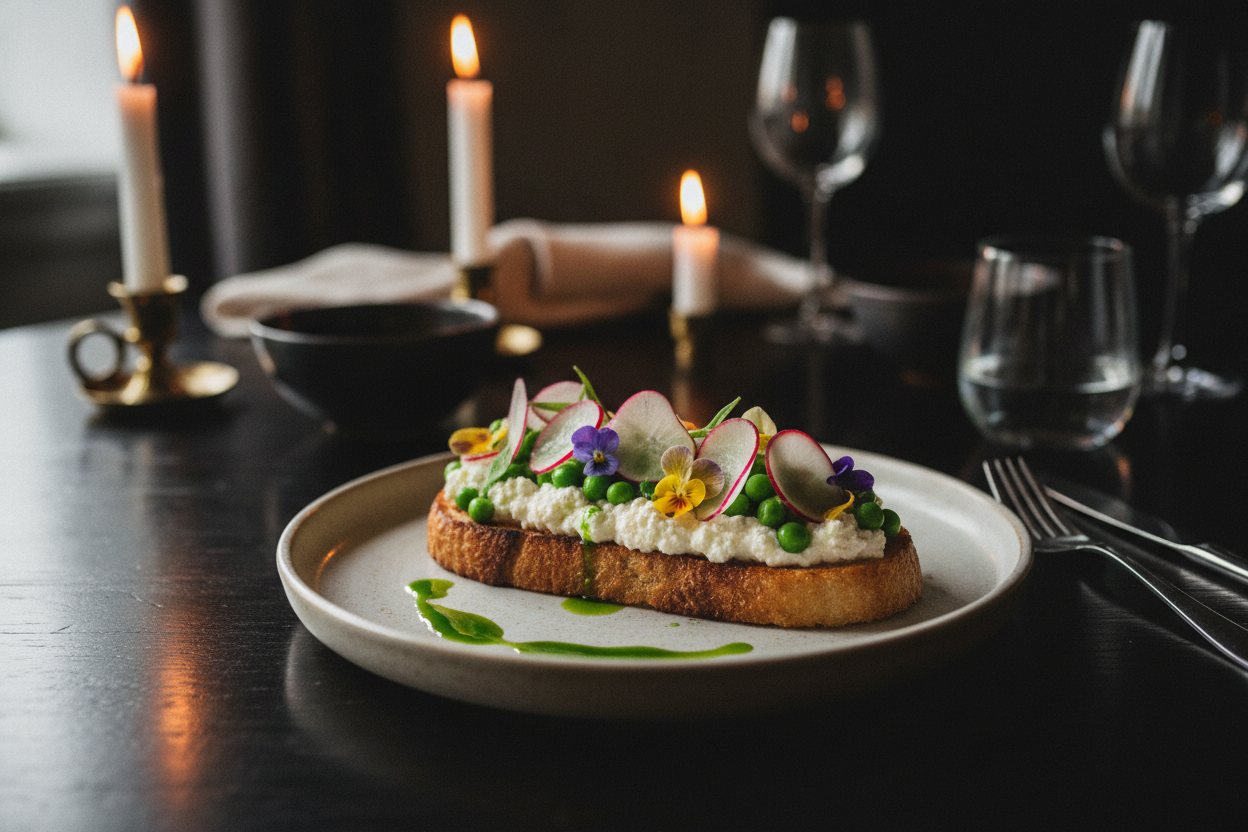 A bright garden brunch toast topped with herbs and edible flowers.