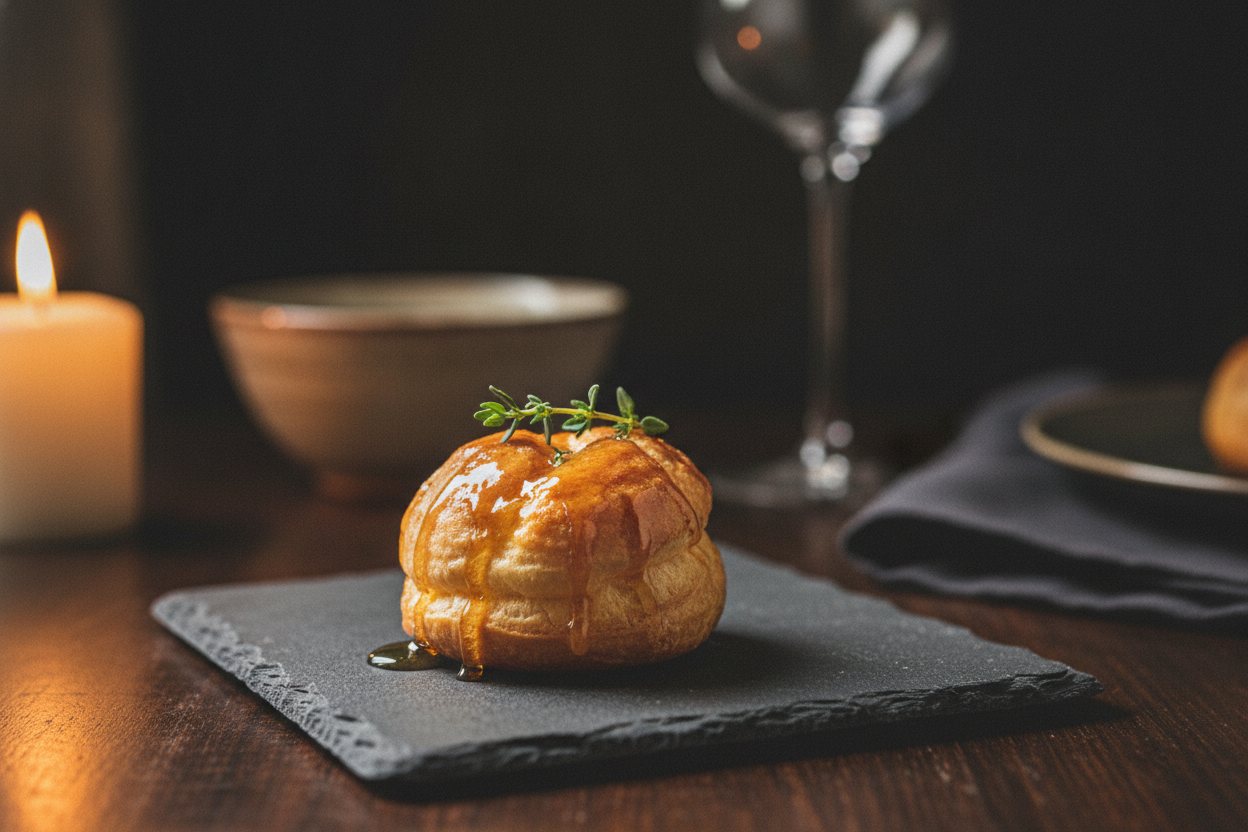 An elegant canapé garnished with a microherb on a dark slate.