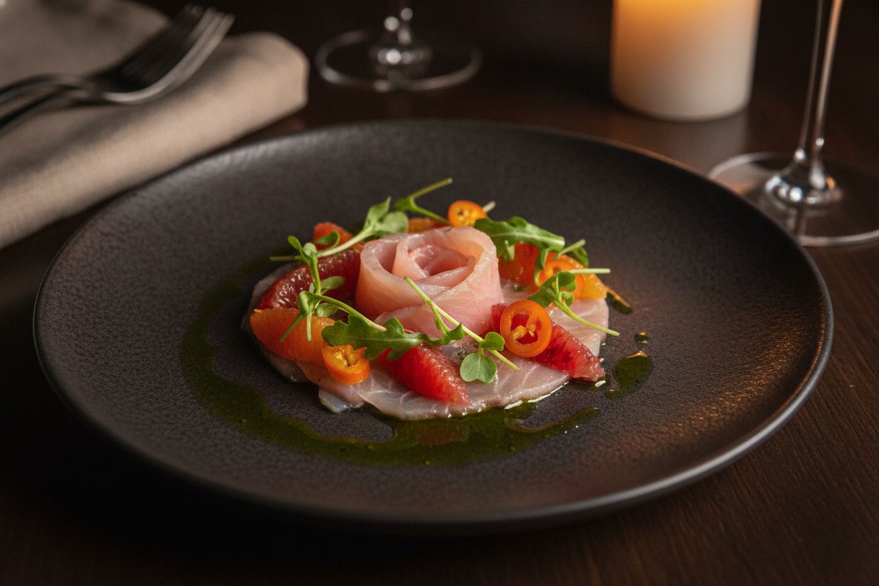 A bright citrus crudo plated with olive oil and herbs.