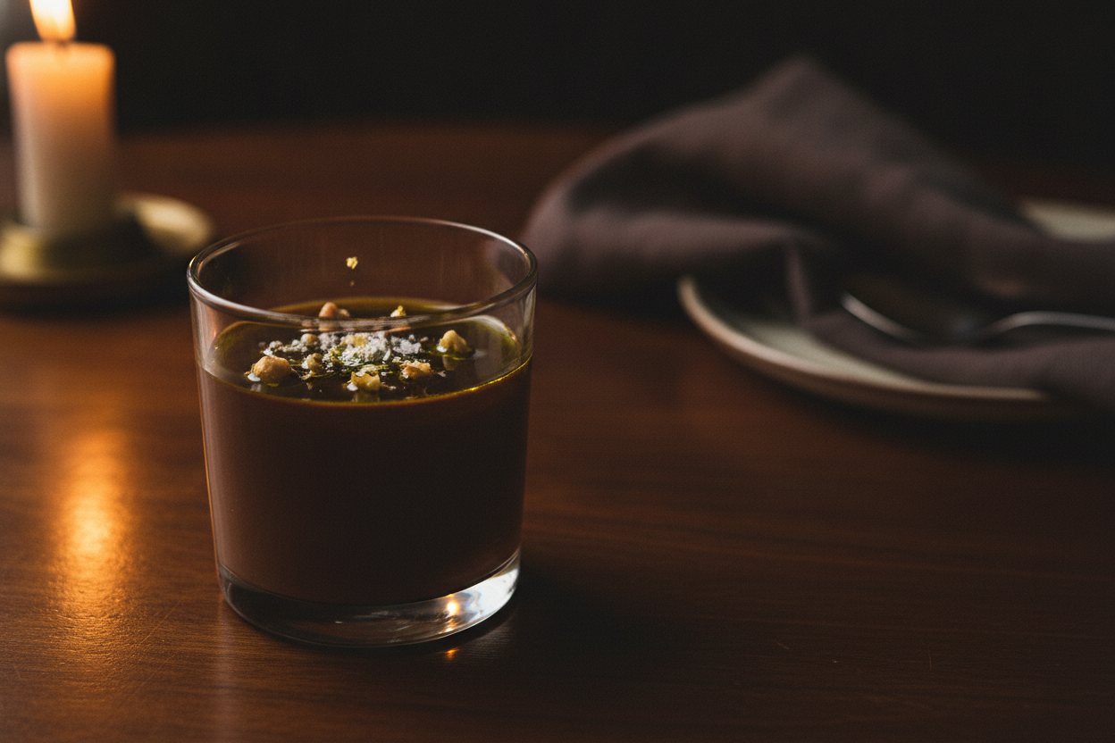 A plated chocolate dessert dusted with gold and garnished with a leaf.