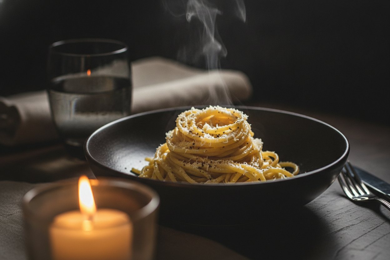 A nest of fresh pasta finished with black pepper and cheese.