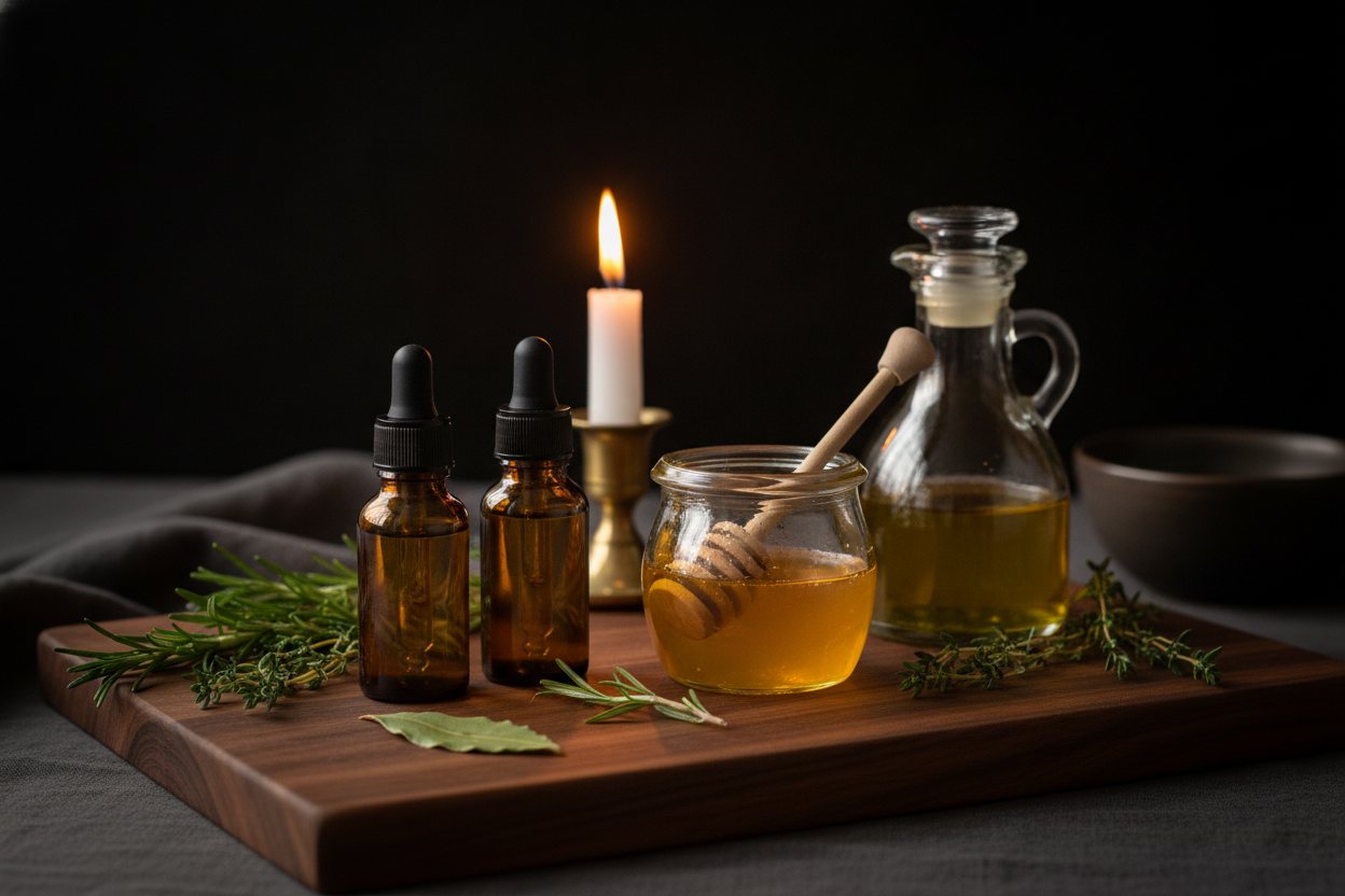 House-made infused honey, oil, and tincture droppers arranged on a wooden board.