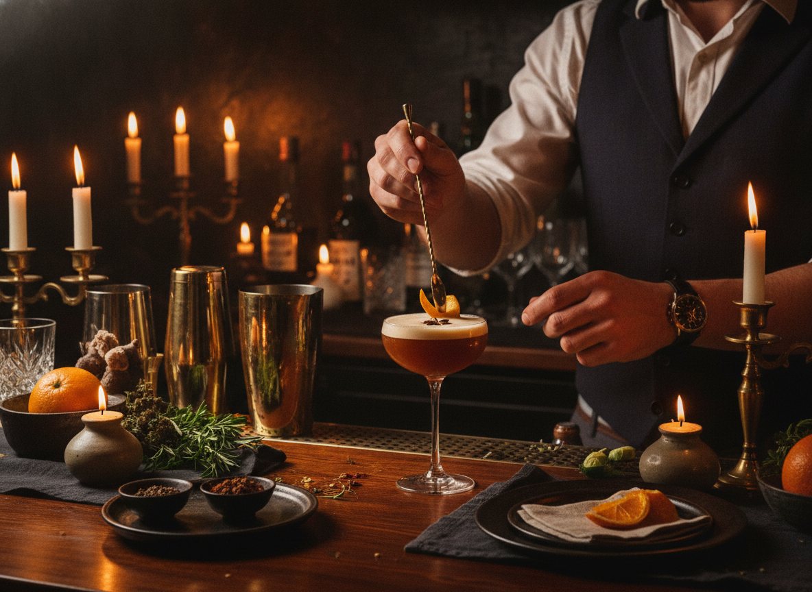 A bartender finishing an infused cocktail at an elegant home bar.