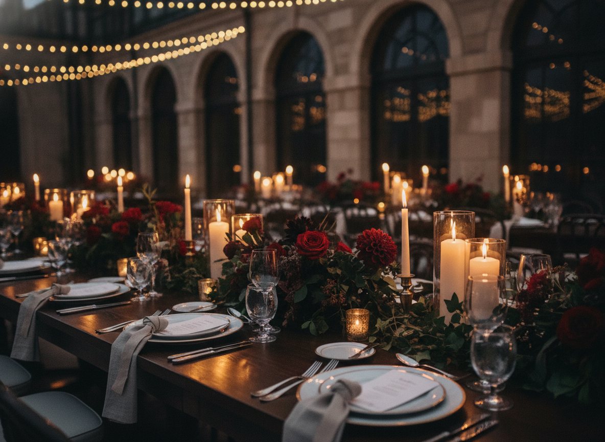 An elegant event tablescape set for a celebration with warm lighting.