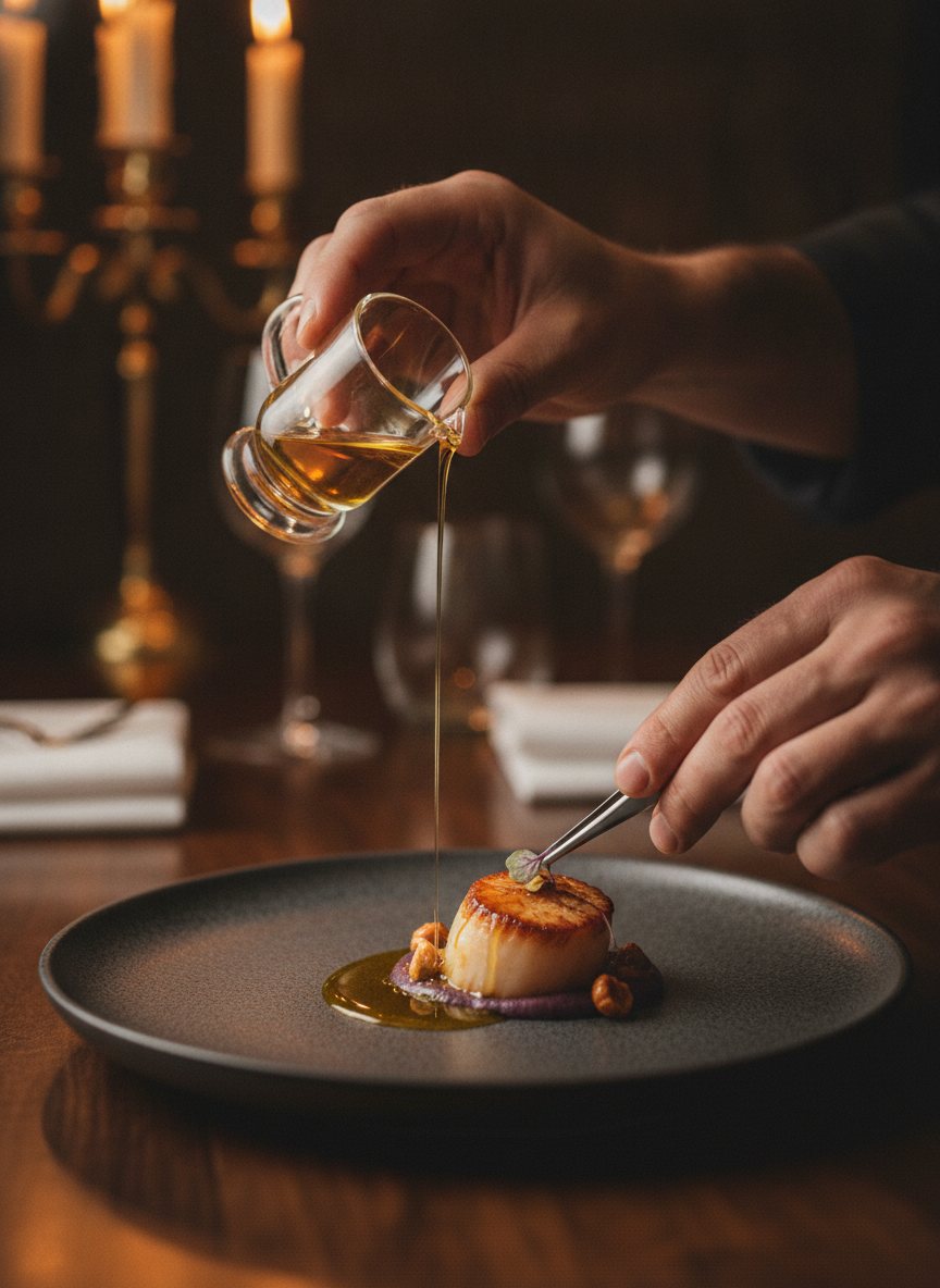 A private chef finishing a plated course with a drizzle of golden infused oil.